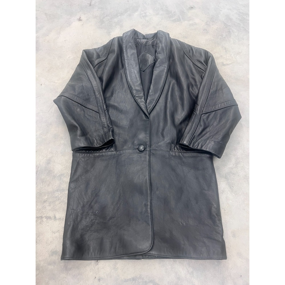 VTG 90s Jacqueline Ferrar Coat Women Small Black Leather One Button Shawl Collar